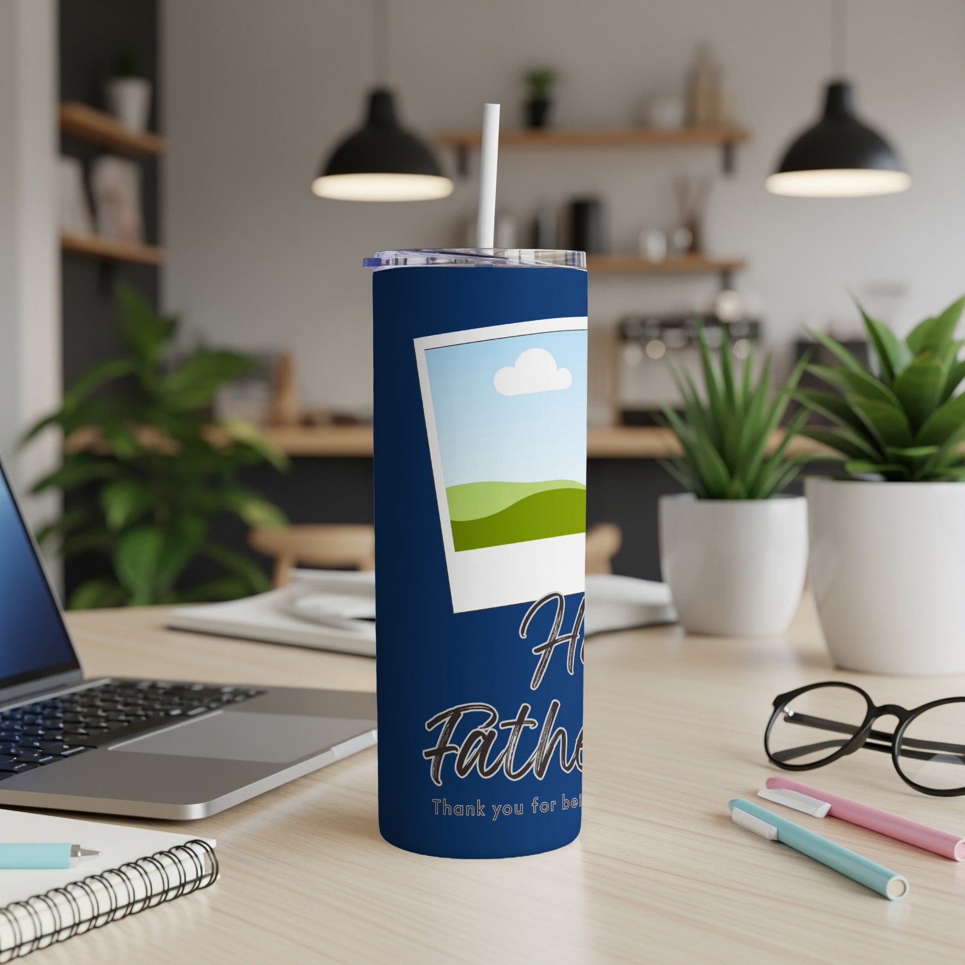 Dark blue tumbler with a photo frame graphic and "Happy Father's Day" text.