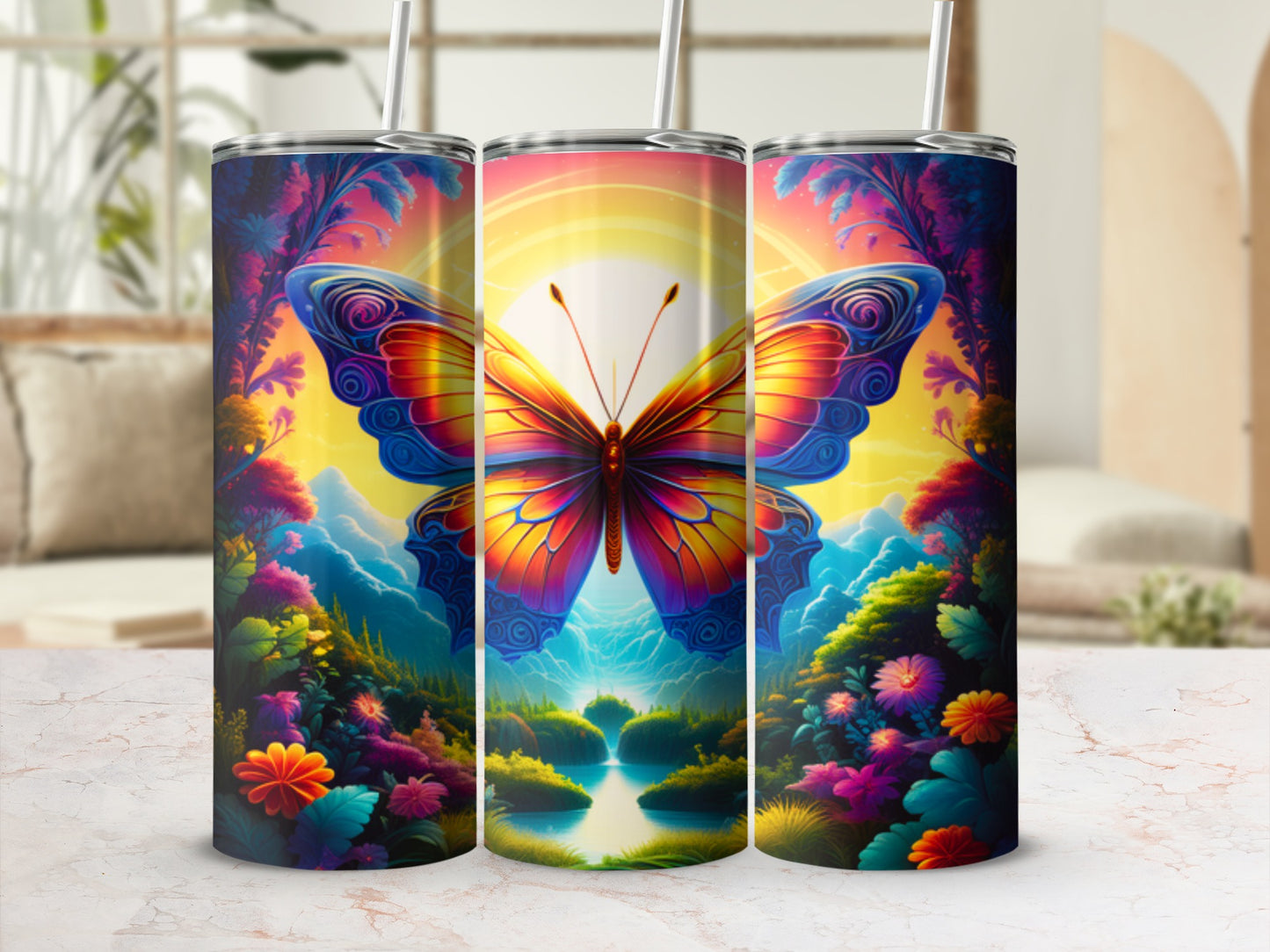 Rainbow butterfly design on a tall tumbler with colorful floral and nature scene.