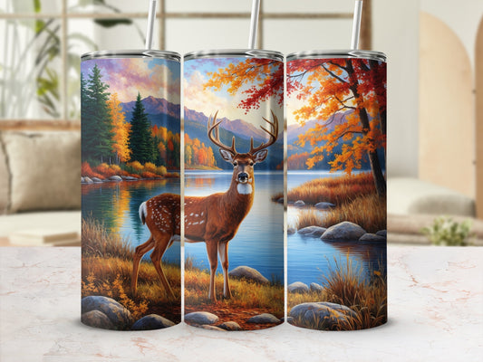 Deer in autumn landscape on three tumblers.
