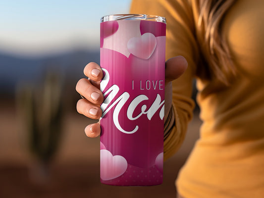 I Love Mom Pink Heart Pattern Insulated Tumbler