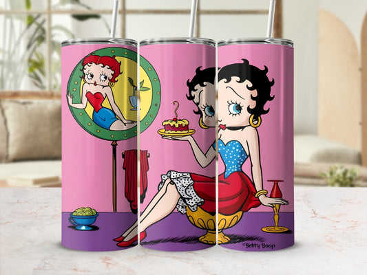 Betty Boop in red dress with cake, holding a slice of pie.