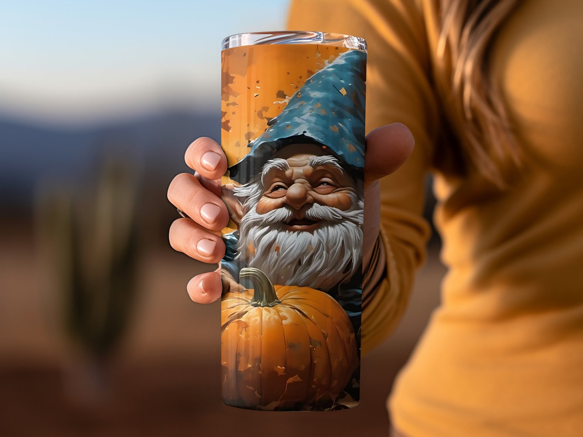 Whimsical Gnome With Pumpkin Travel Tumbler Cup