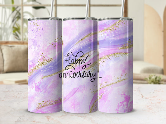 Pink and purple watercolor tumbler with gold glitter and "Happy Anniversary" text.