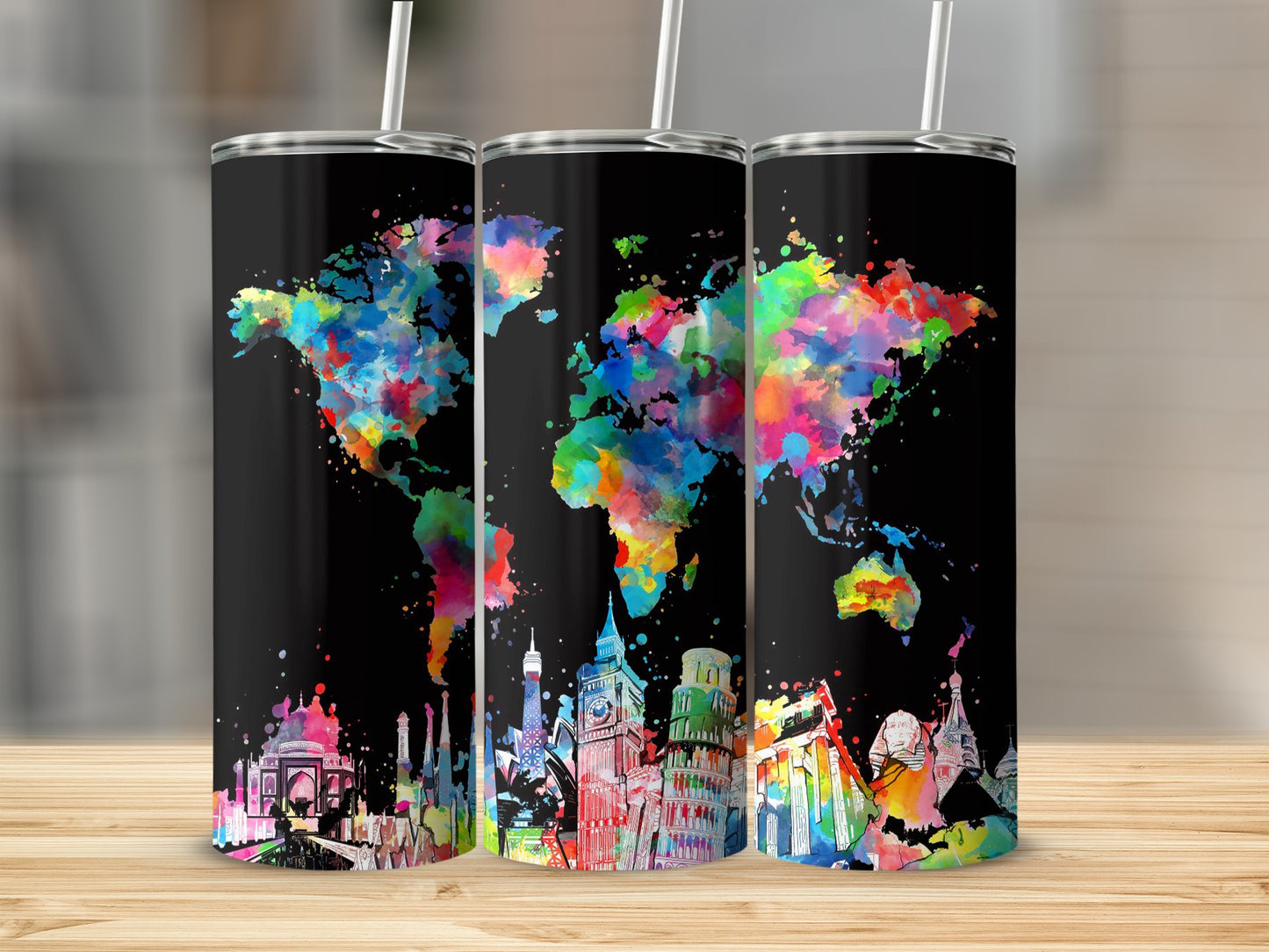 Three tumblers with watercolor world map and famous landmarks on black background.