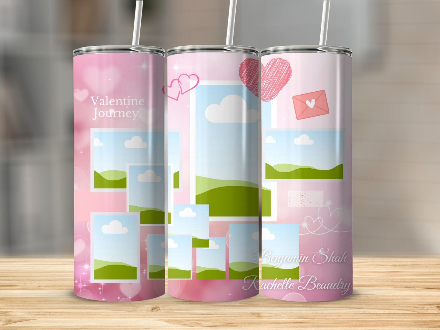 Valentine Journey tumbler with photo frames and names Benjamin Shah Rachelle Beaudry.