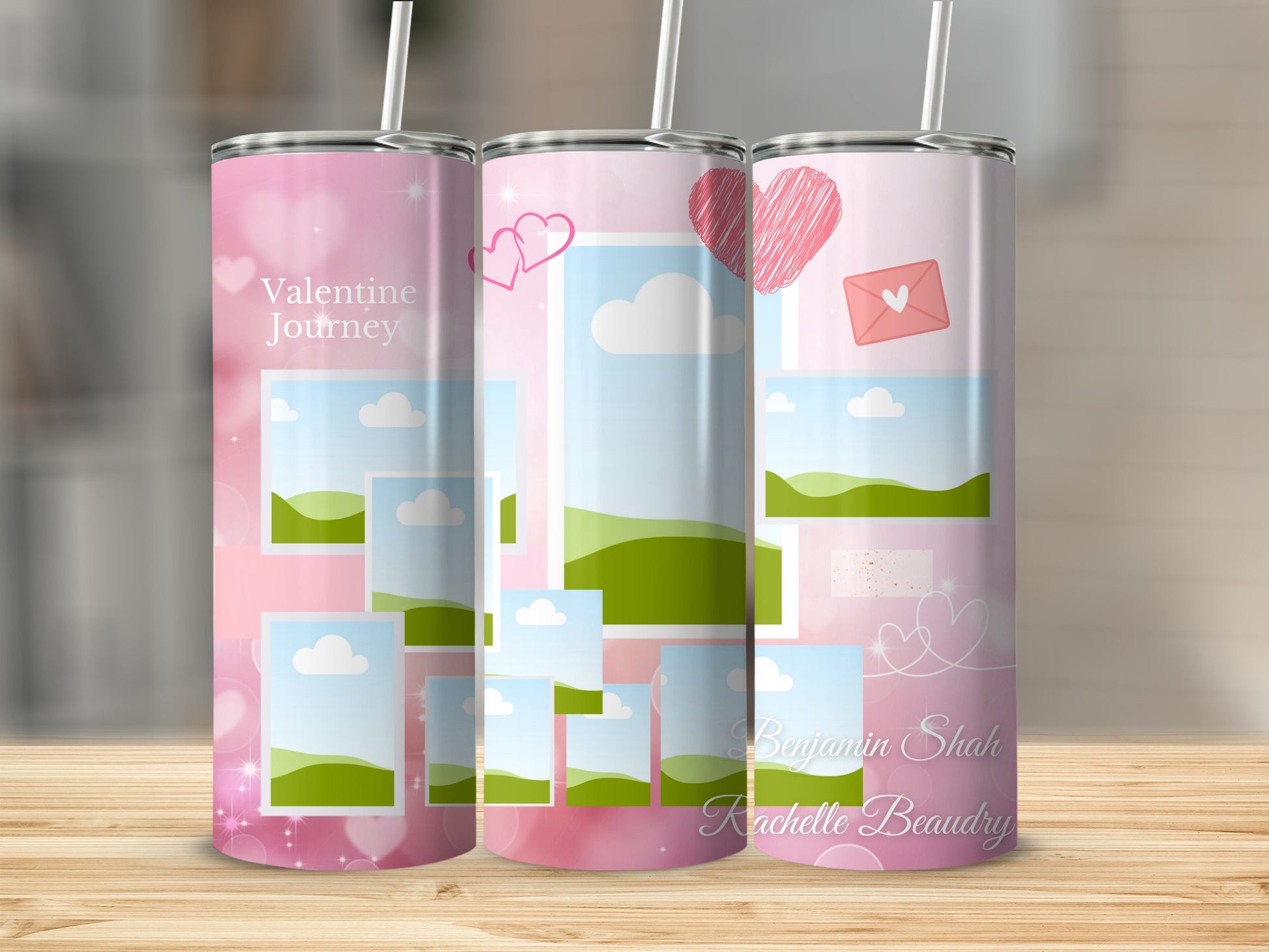 Valentine Journey tumbler with photo frames and names Benjamin Shah Rachelle Beaudry.