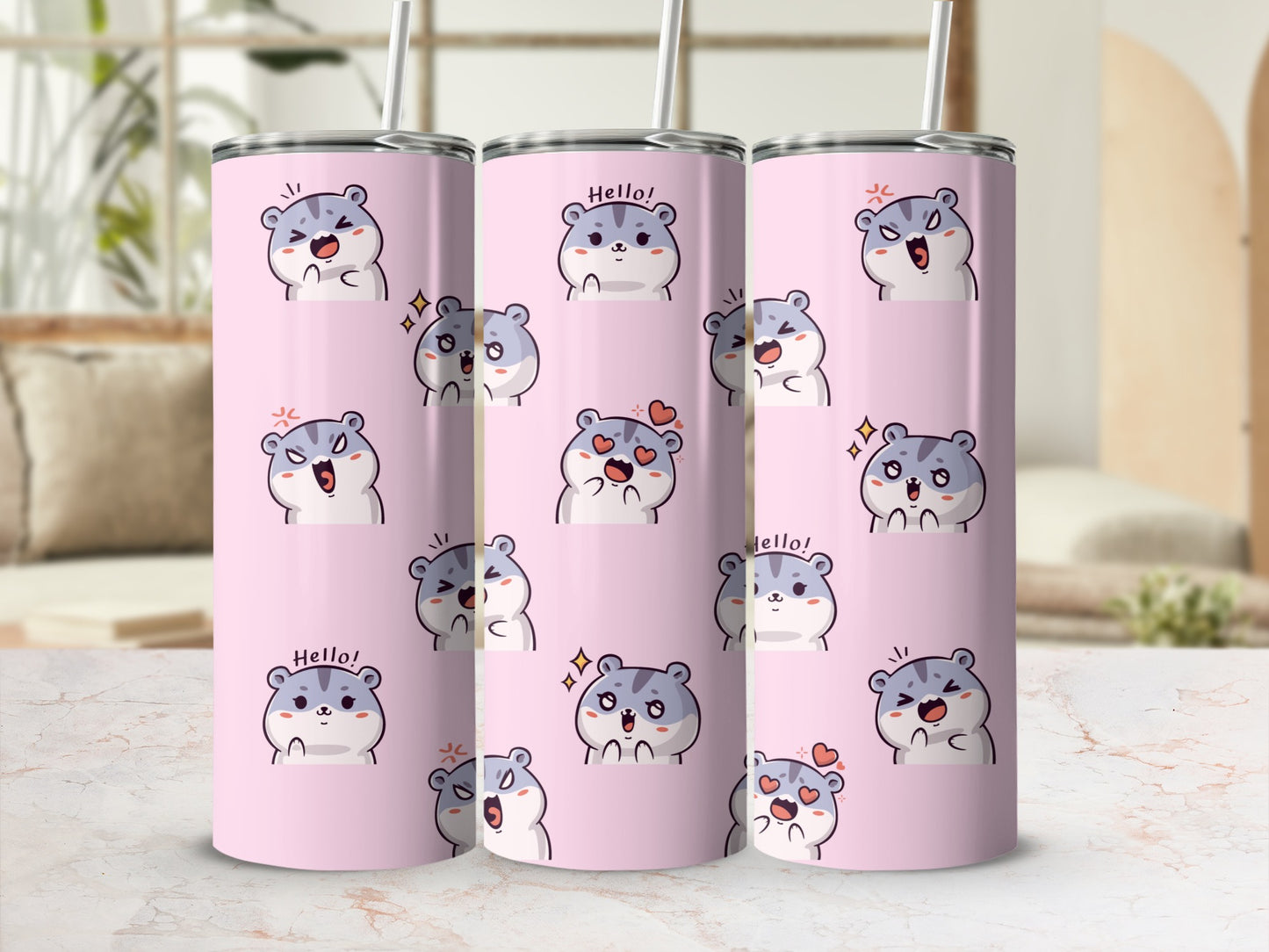Three pink tumblers with cartoon hamster designs in various expressions.