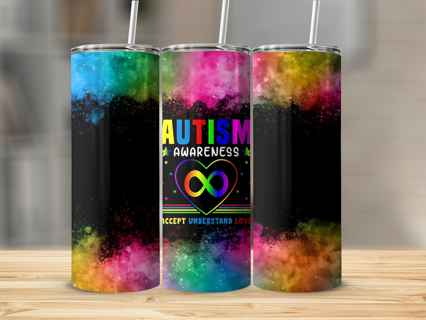 Autism Awareness tumbler with rainbow colors and infinity heart symbol.