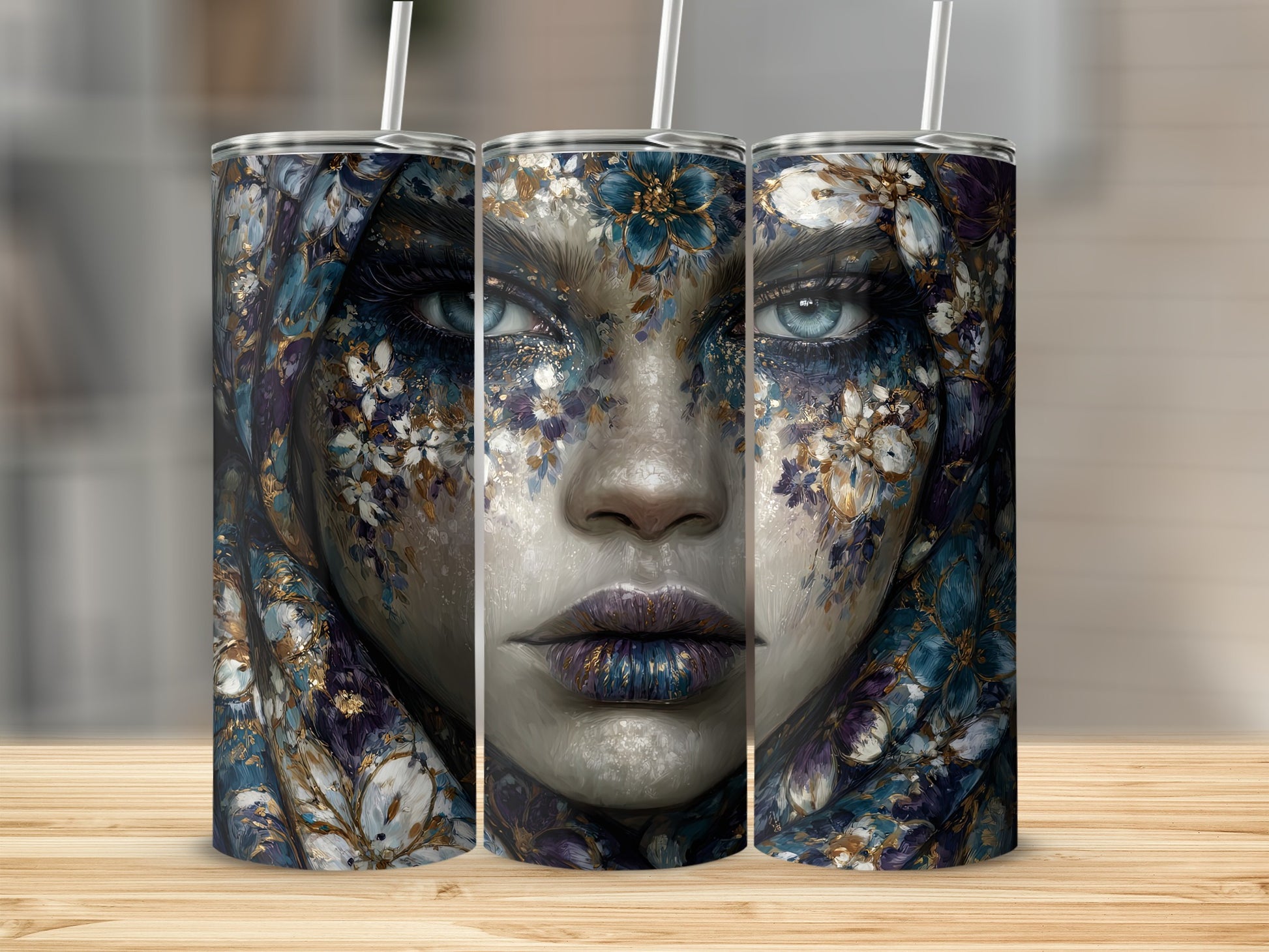 Ethereal Floral Face Art on Elegant Drinkware