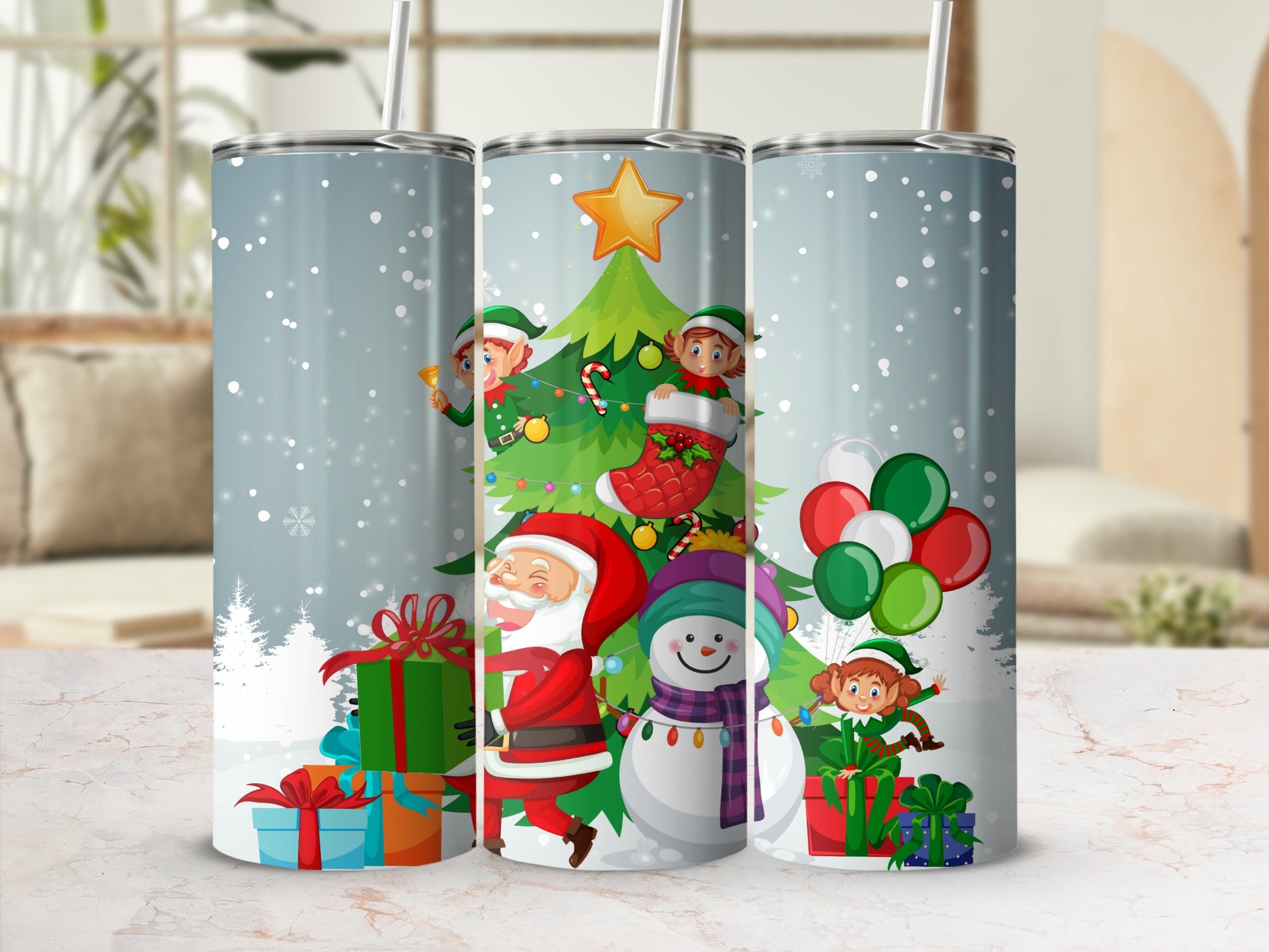 Festive Christmas Santa and Elf Design Tumbler