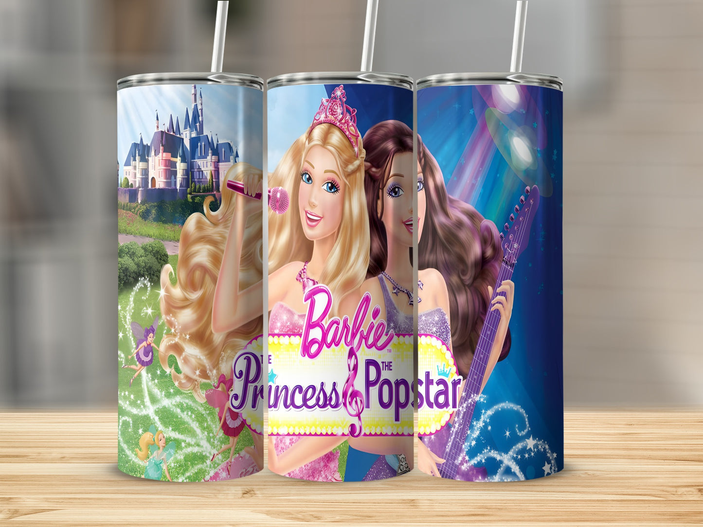 Three Barbie Princess Popstar tumblers featuring Barbie with fairy and castle, and Barbie with guitar on stage.