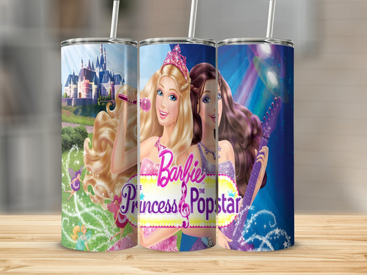 Three Barbie Princess Popstar tumblers featuring Barbie with fairy and castle, and Barbie with guitar on stage.