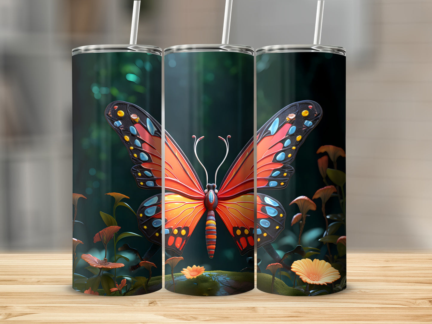 Tall tumbler with a vibrant orange butterfly and floral design.