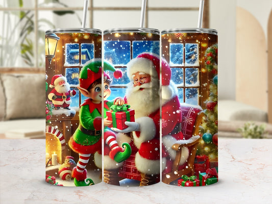 Santa Claus and Elf Christmas Themed Drink Tumbler