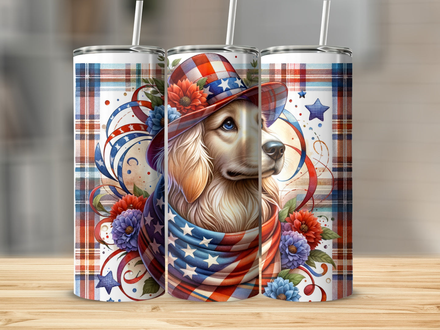 Golden retriever wearing patriotic hat and bandana, flanked by tumblers.