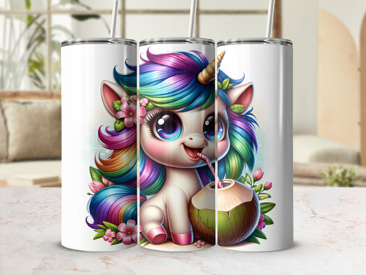 Cute cartoon unicorn drinking from a coconut with colorful mane.