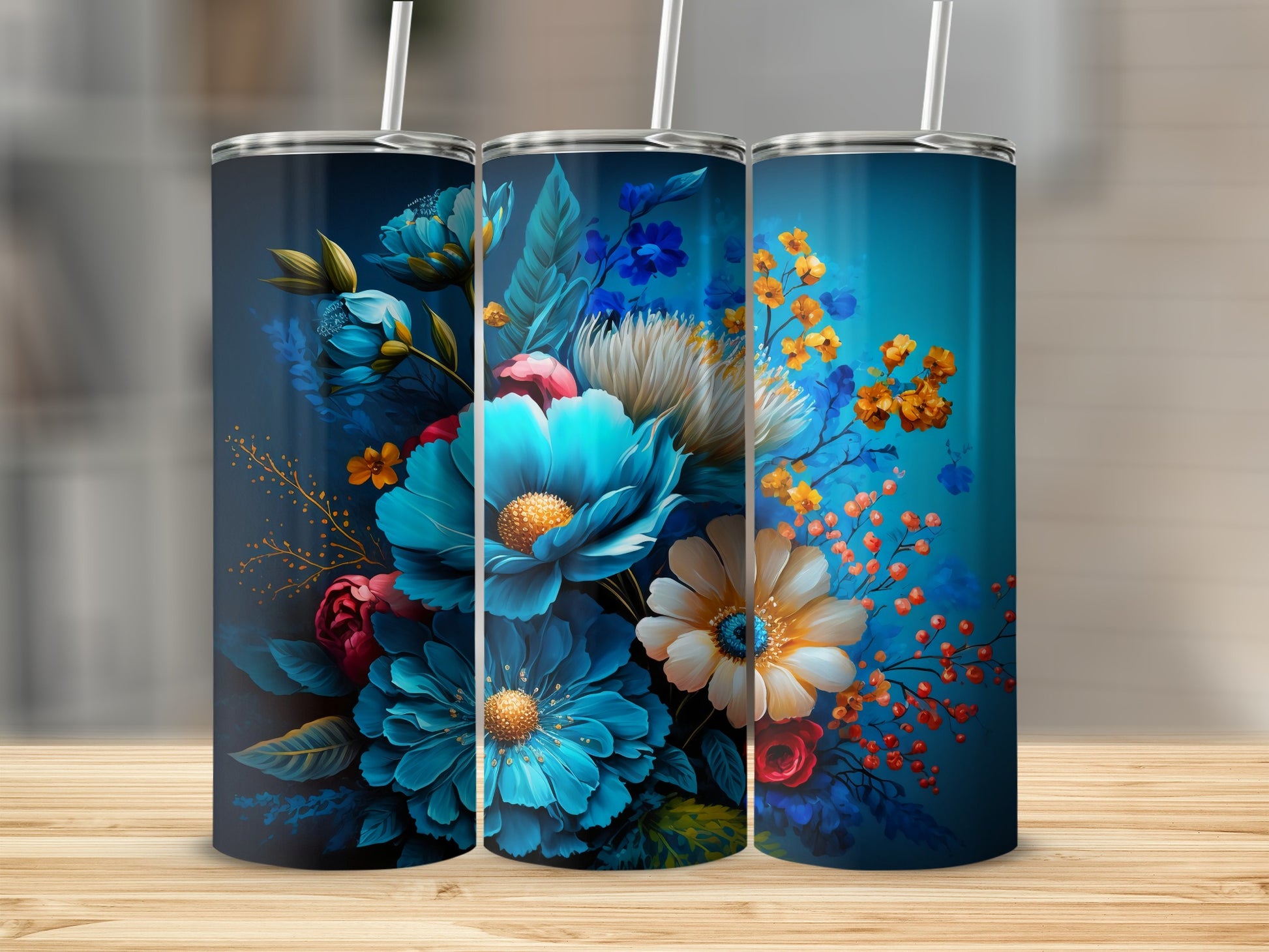 Vibrant Floral Design Blue Pattern Tumbler Drinkware