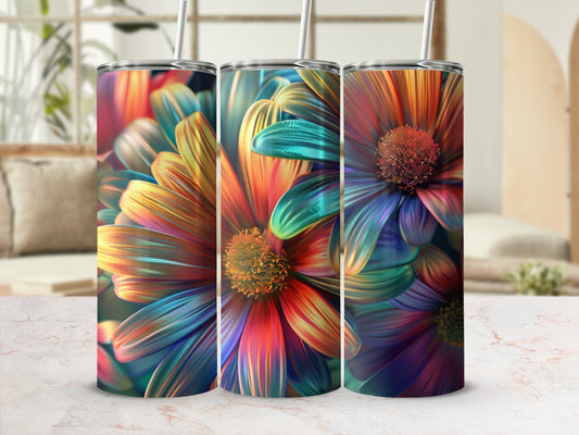 Three tall tumblers featuring vibrant, close-up floral designs.