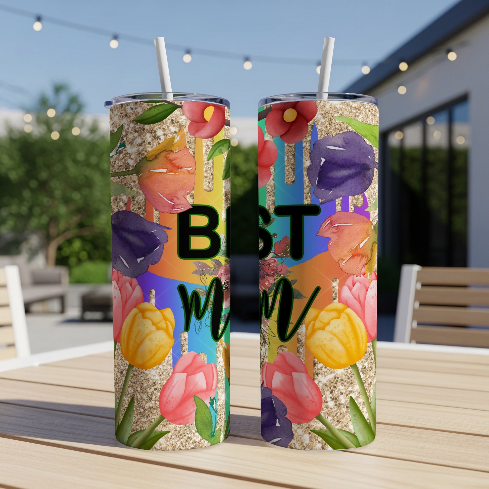 Two colorful tumblers with "BEST MOM" text and floral accents.