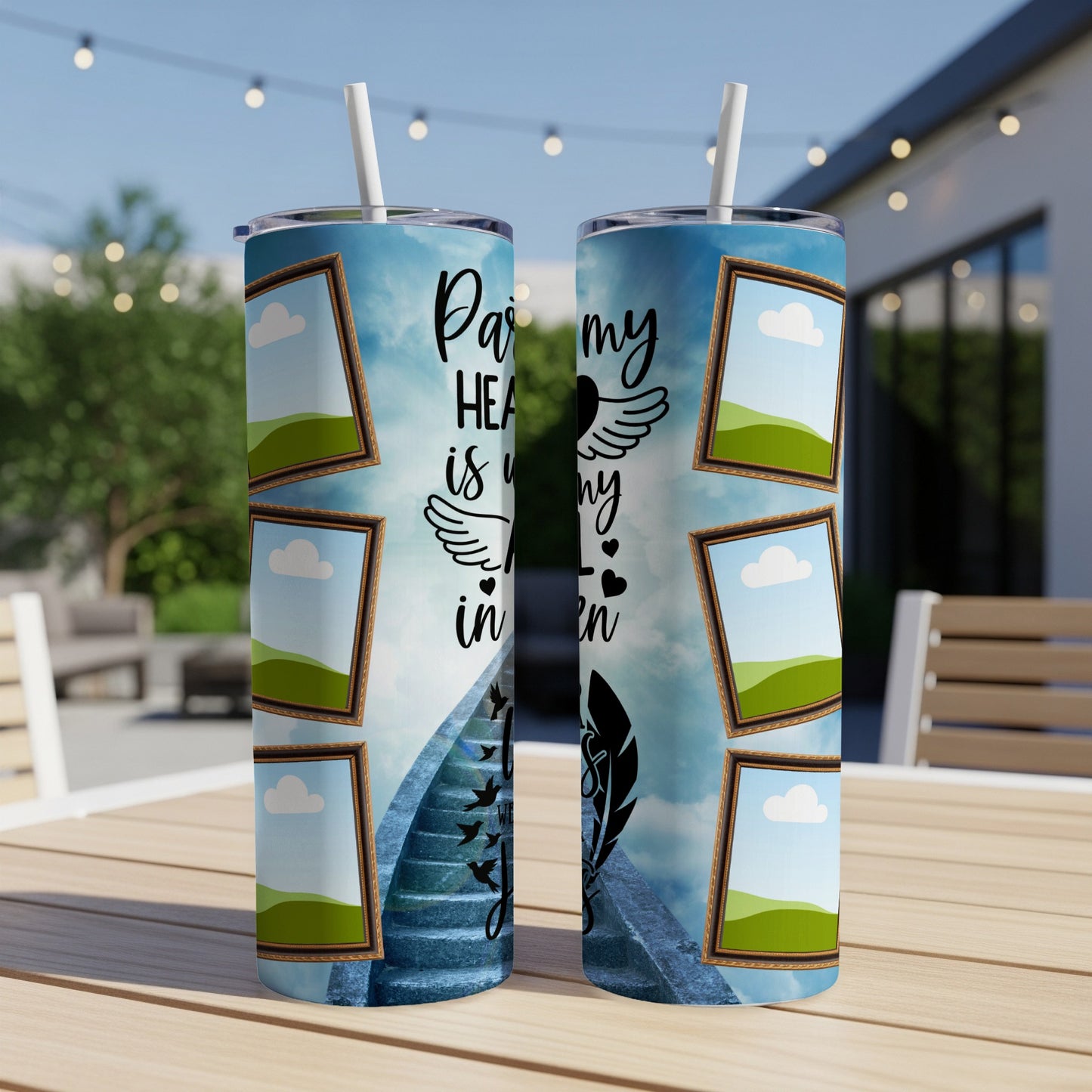 Tumblers with celestial design and text: "Part of my heart is in heaven"