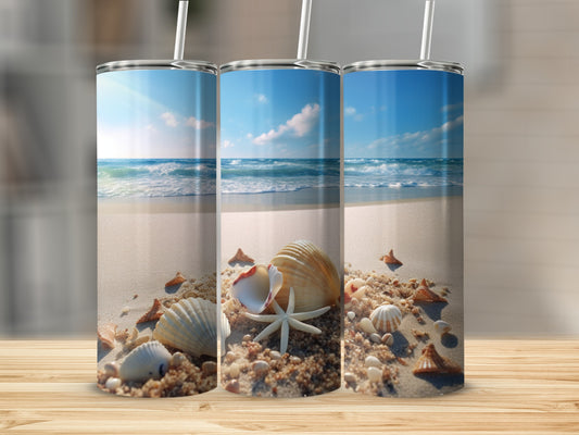 Three tumblers featuring a beach scene with shells and starfish.