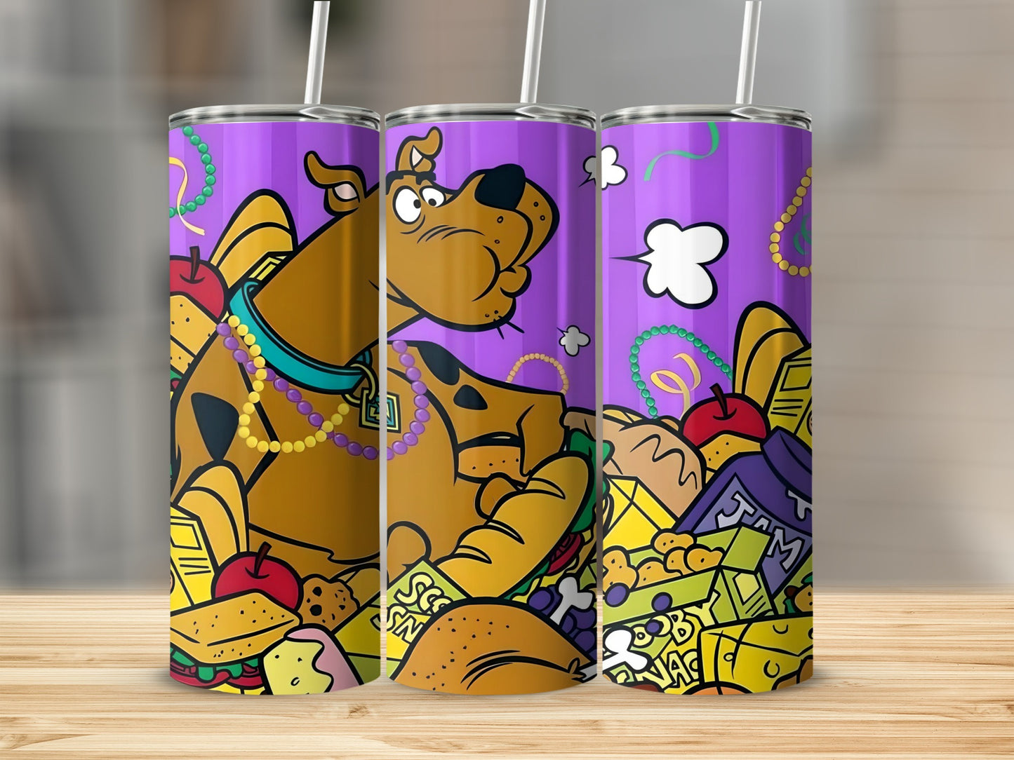 Scooby-Doo cartoon character with food and Mardi Gras beads on purple tumblers.