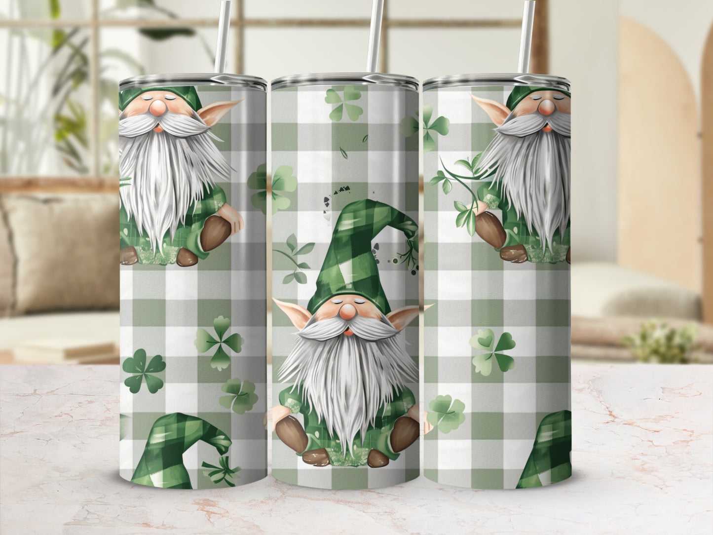 Three tumblers with a green gnome and shamrock pattern.