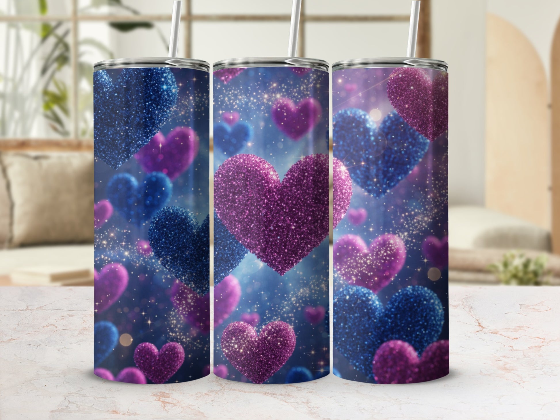 Sparkly Blue and Pink Heart Design Tumbler Cups