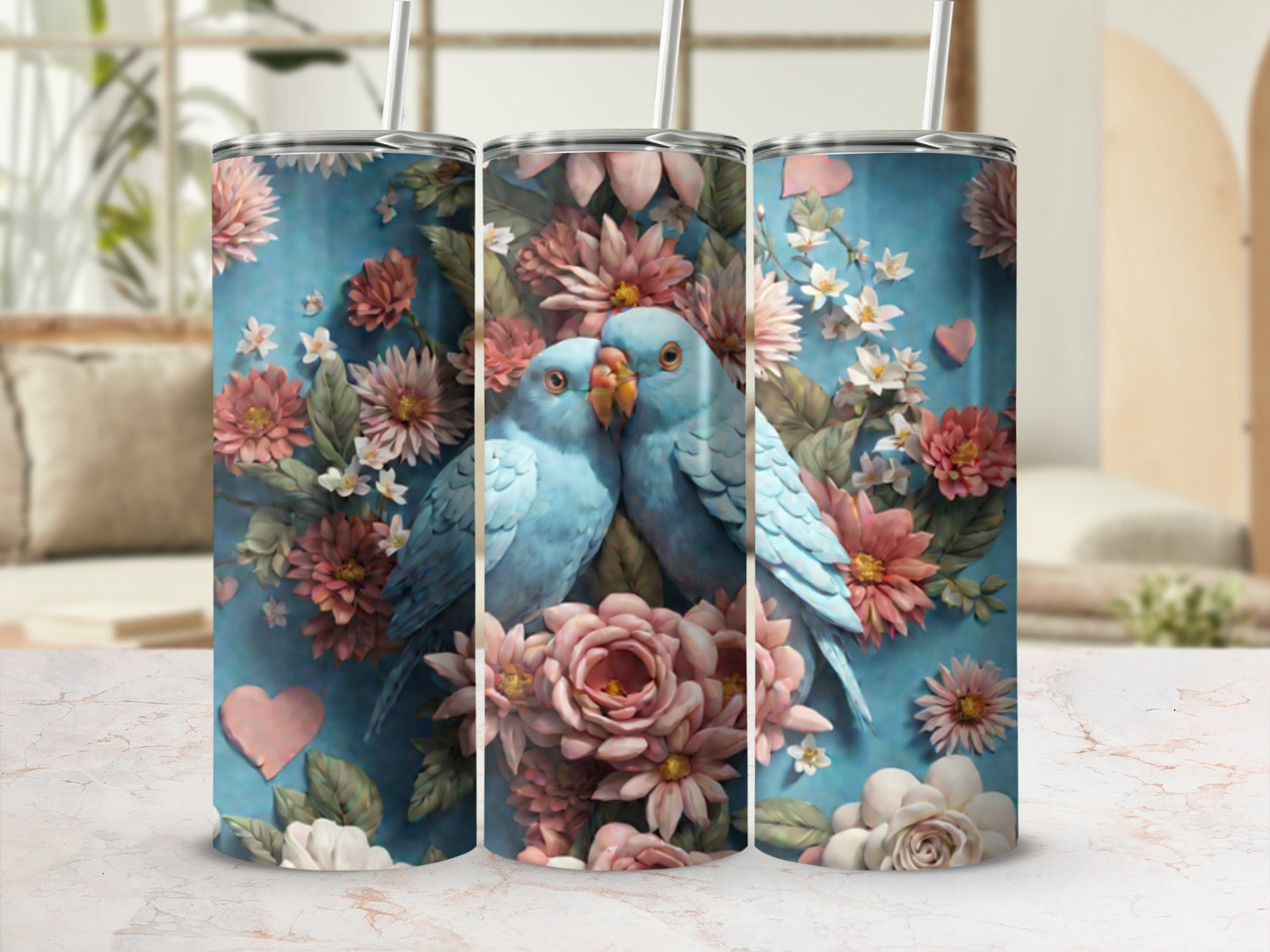 Blue parrots in floral arrangement on a tumbler.