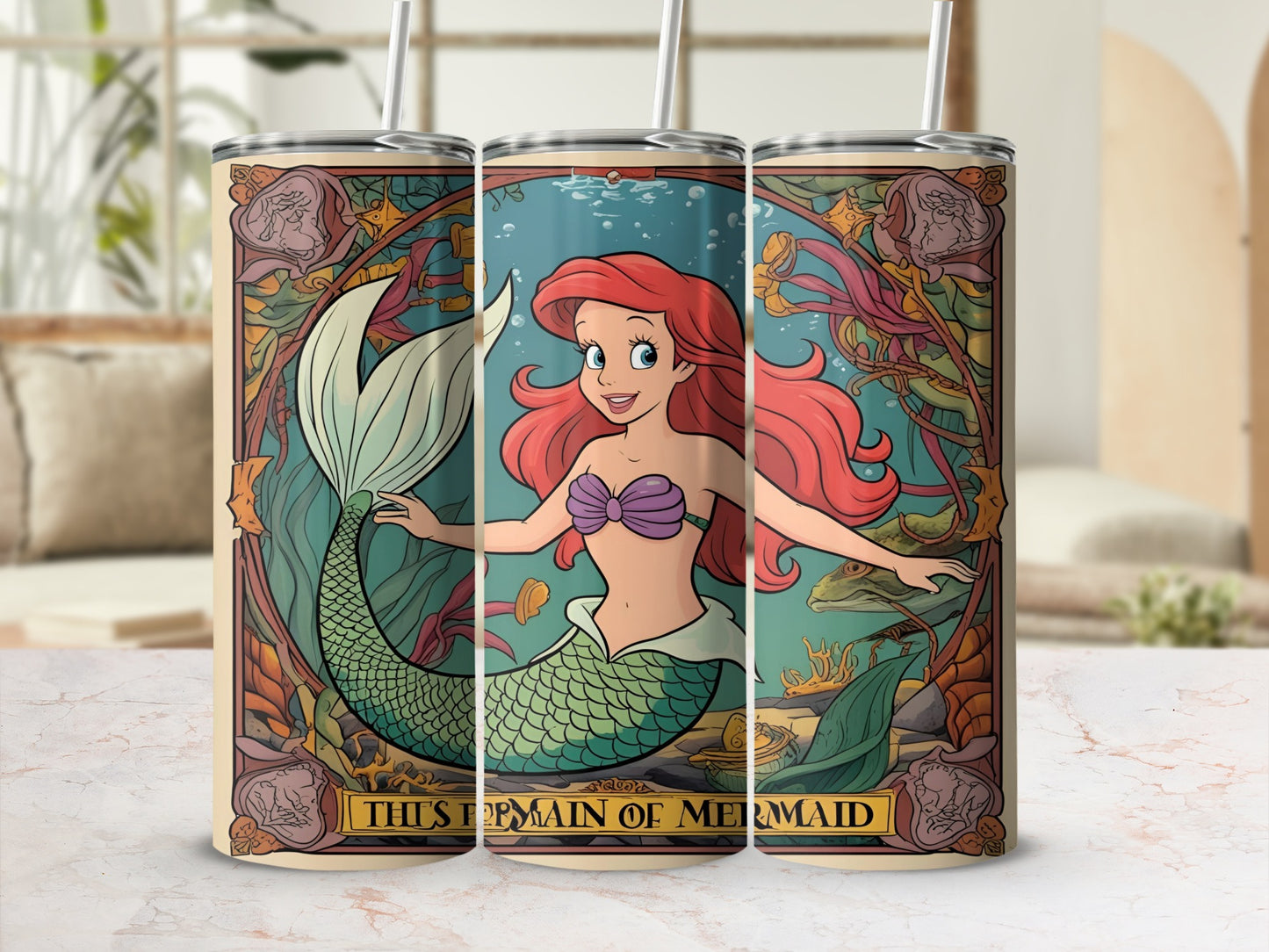 Ariel the mermaid with flowing red hair and green tail, surrounded by seaweed and coral.