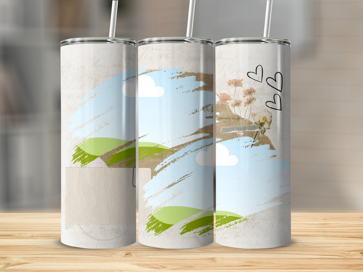 Three tumblers with sky, hills, clouds, and floral designs.