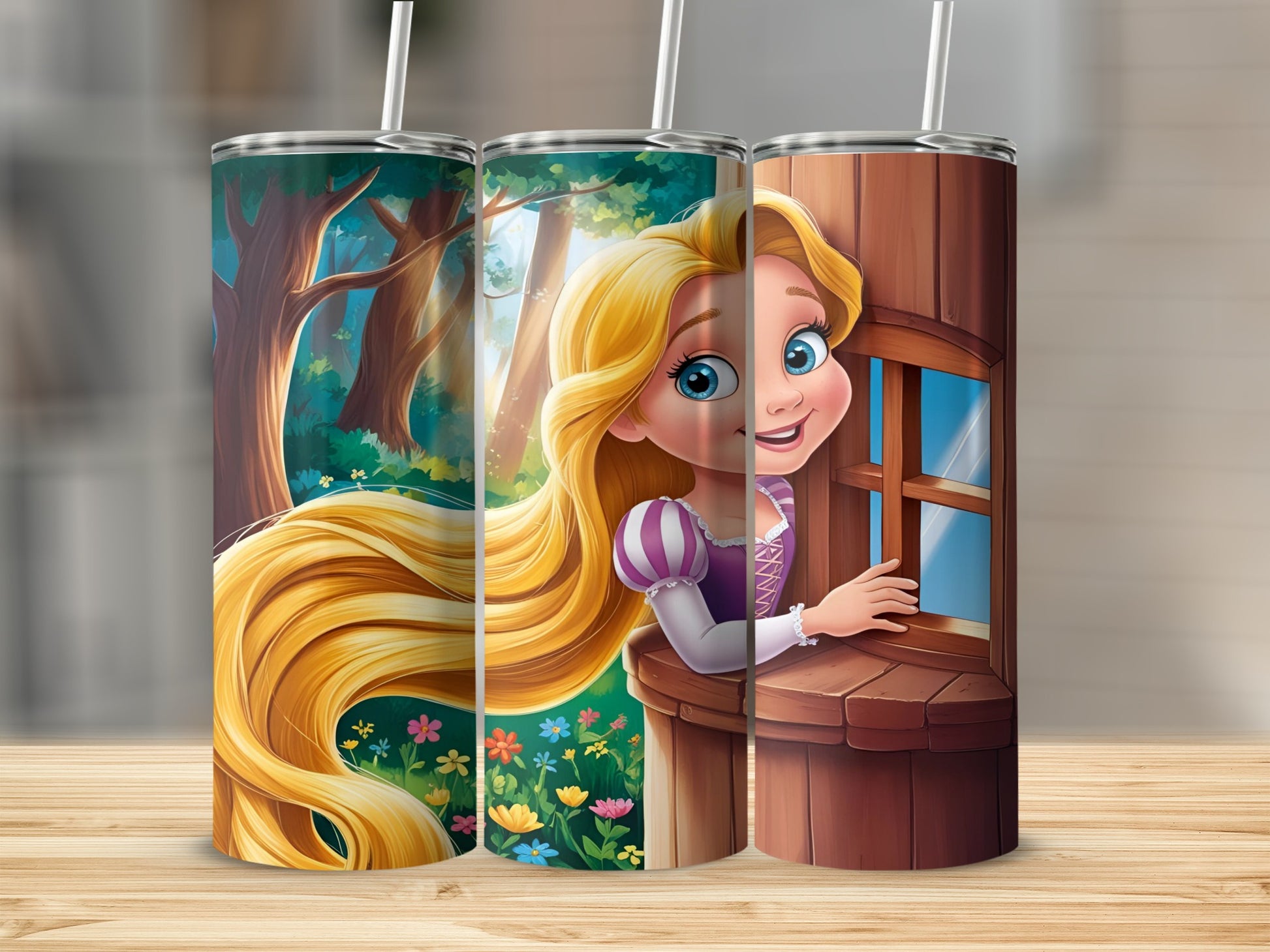 Rapunzel peeks out a wooden tower window surrounded by flowers and forest.