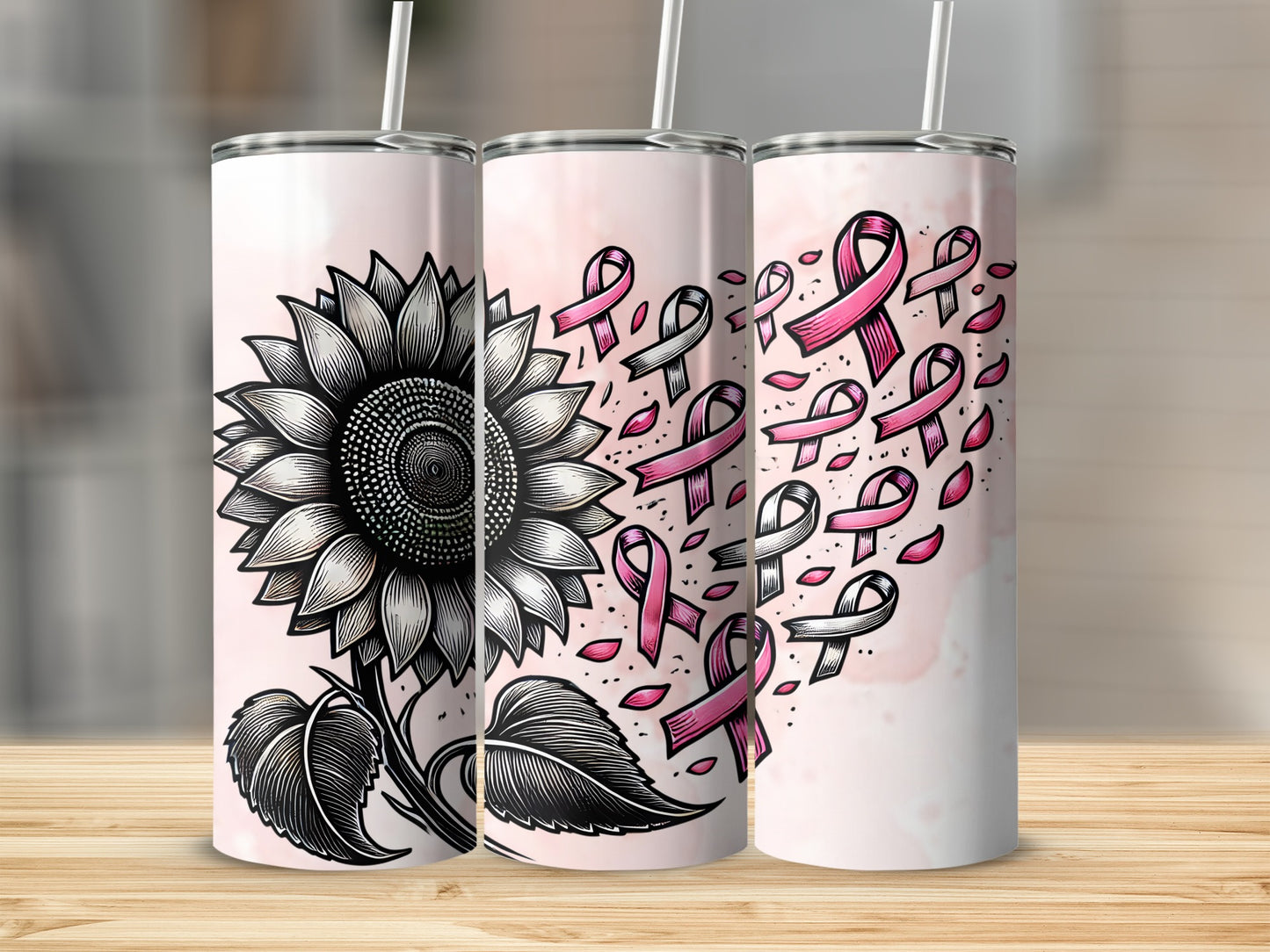 Sunflower with pink breast cancer ribbons spilling out, on a textured background.