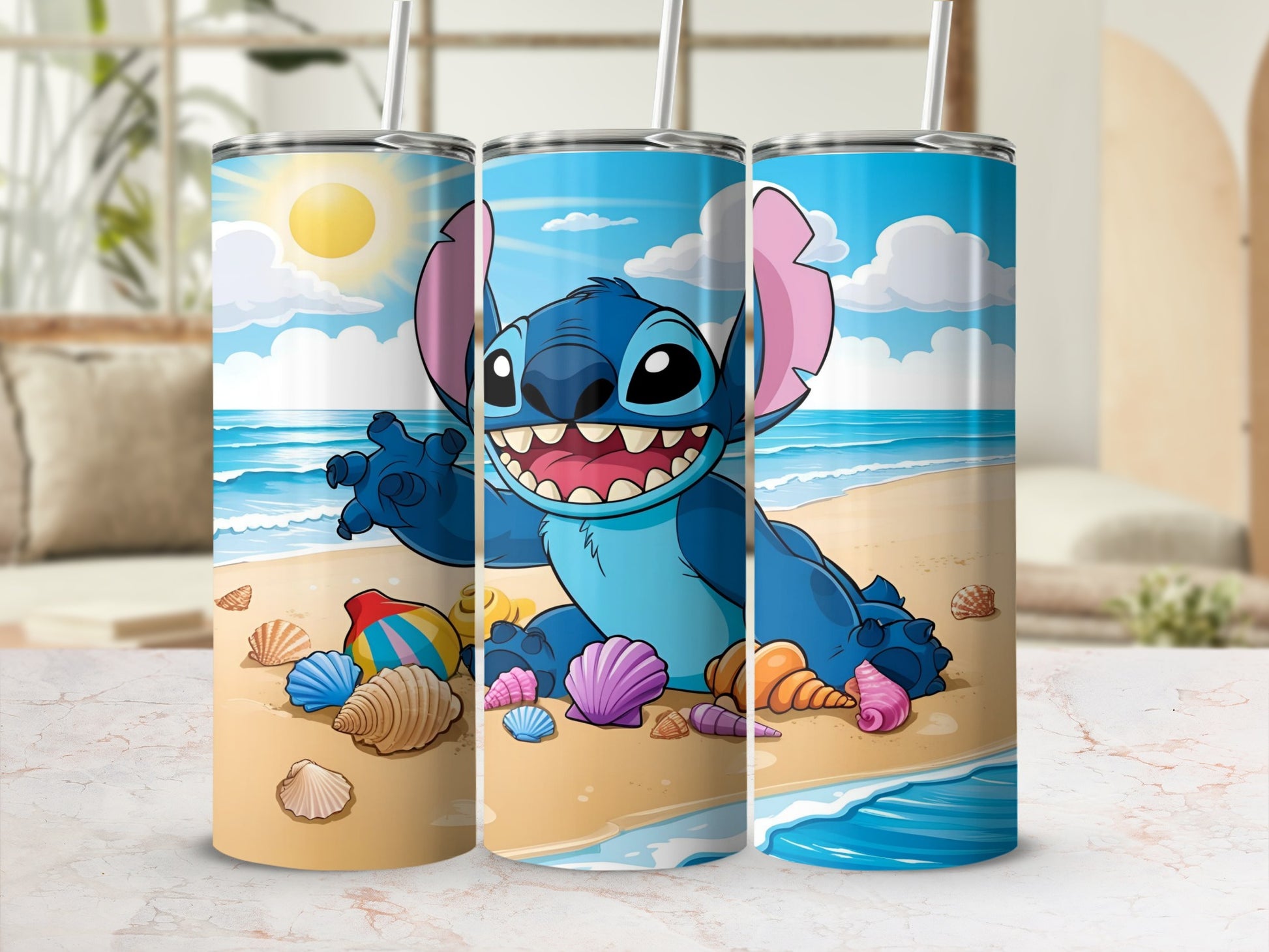 Stitch with seashells on a beach under a sunny sky.