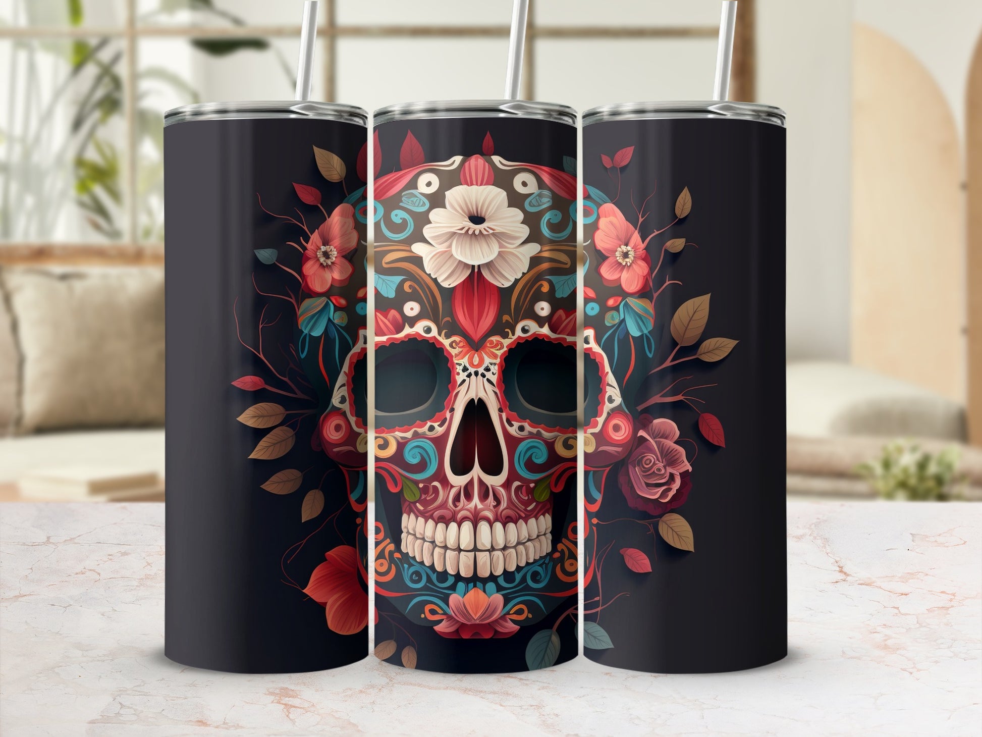 Floral Skull Tumbler with Straw and Lid