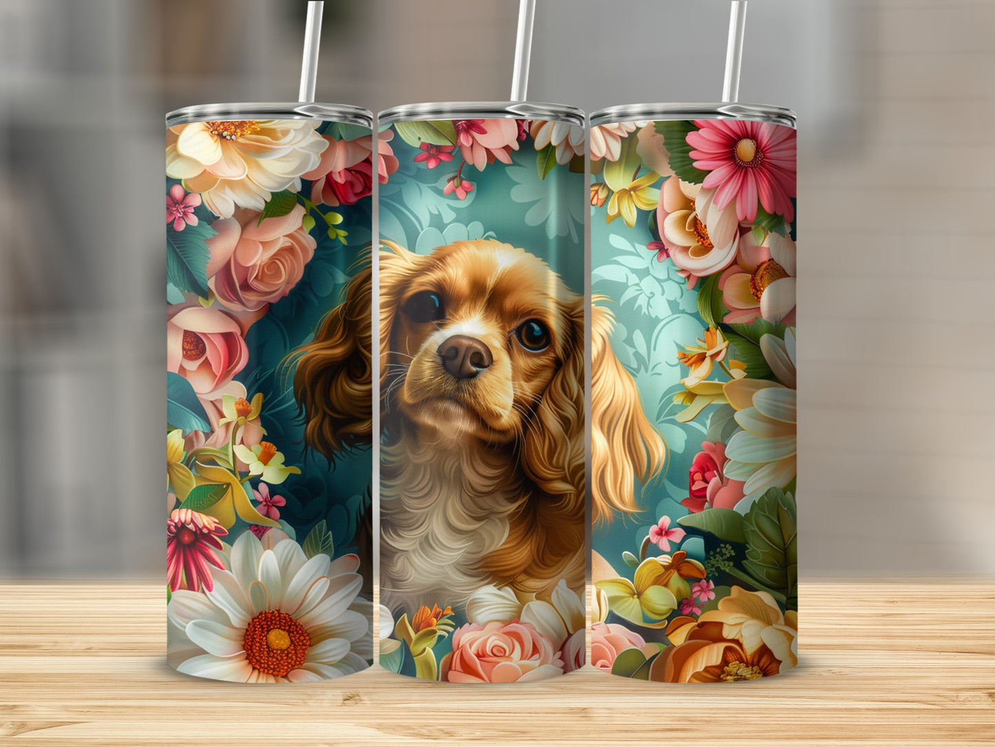 Three floral tumblers featuring a dog's face on a light blue background.