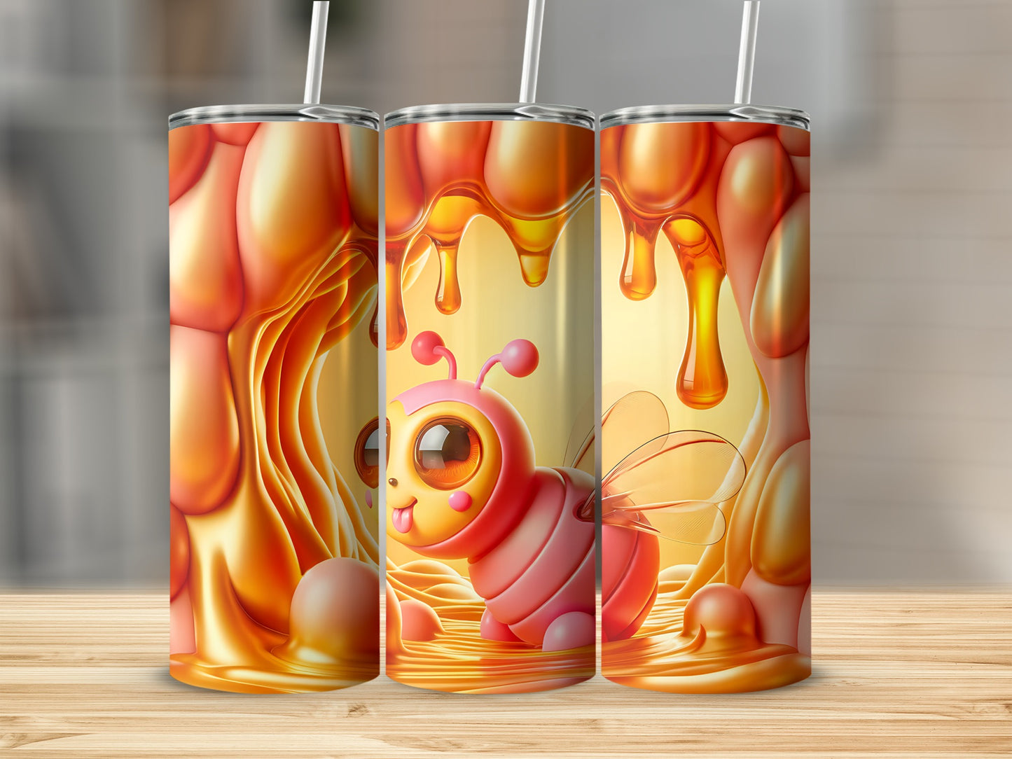 Pink cartoon bee with honey dripping down around it on tumblers.