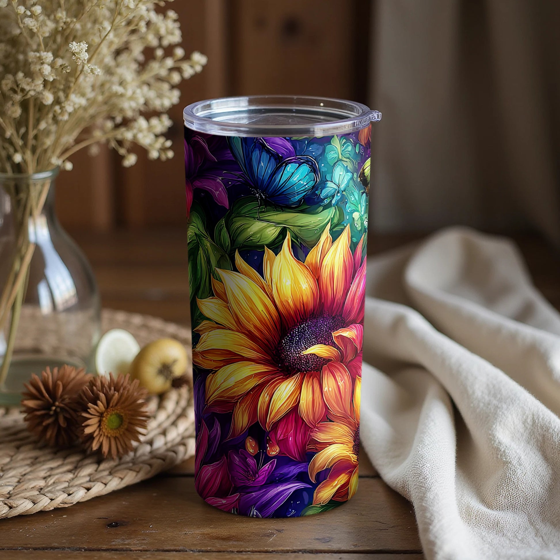 Vibrant colorful flower design insulated tumbler