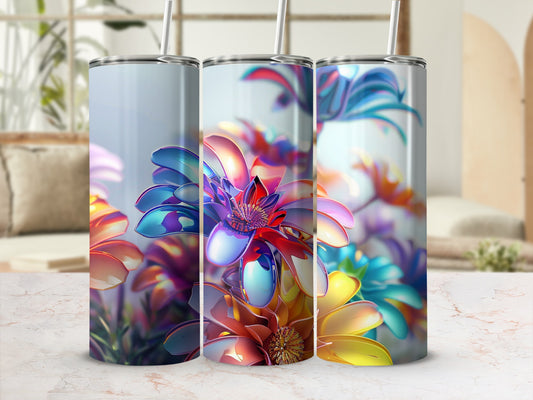 Three colorful, iridescent floral tumblers with straws.