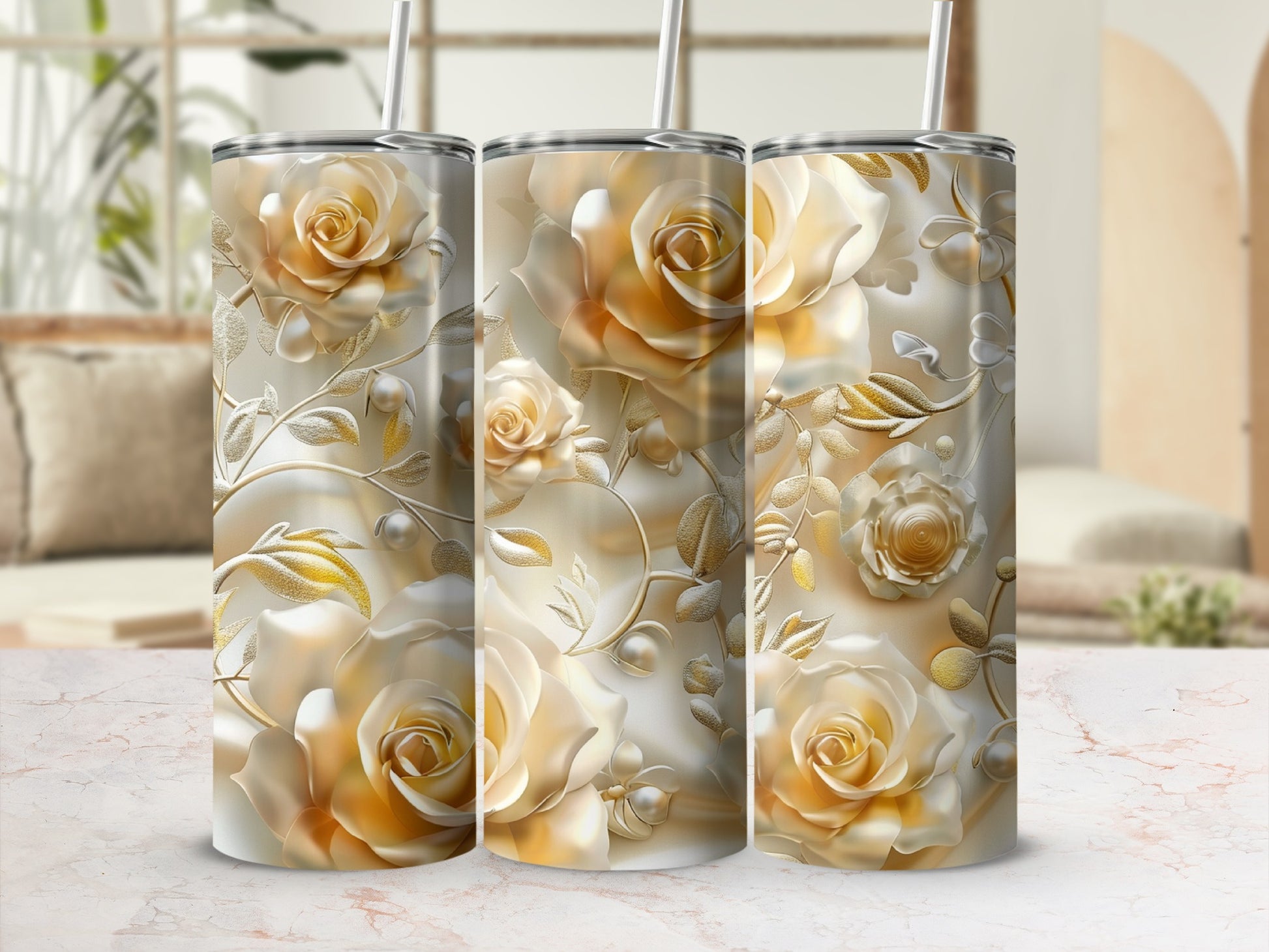 Three tumblers with a 3D floral rose design and gold accents.