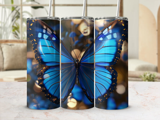 Three tumblers featuring a detailed blue butterfly on a bokeh background.