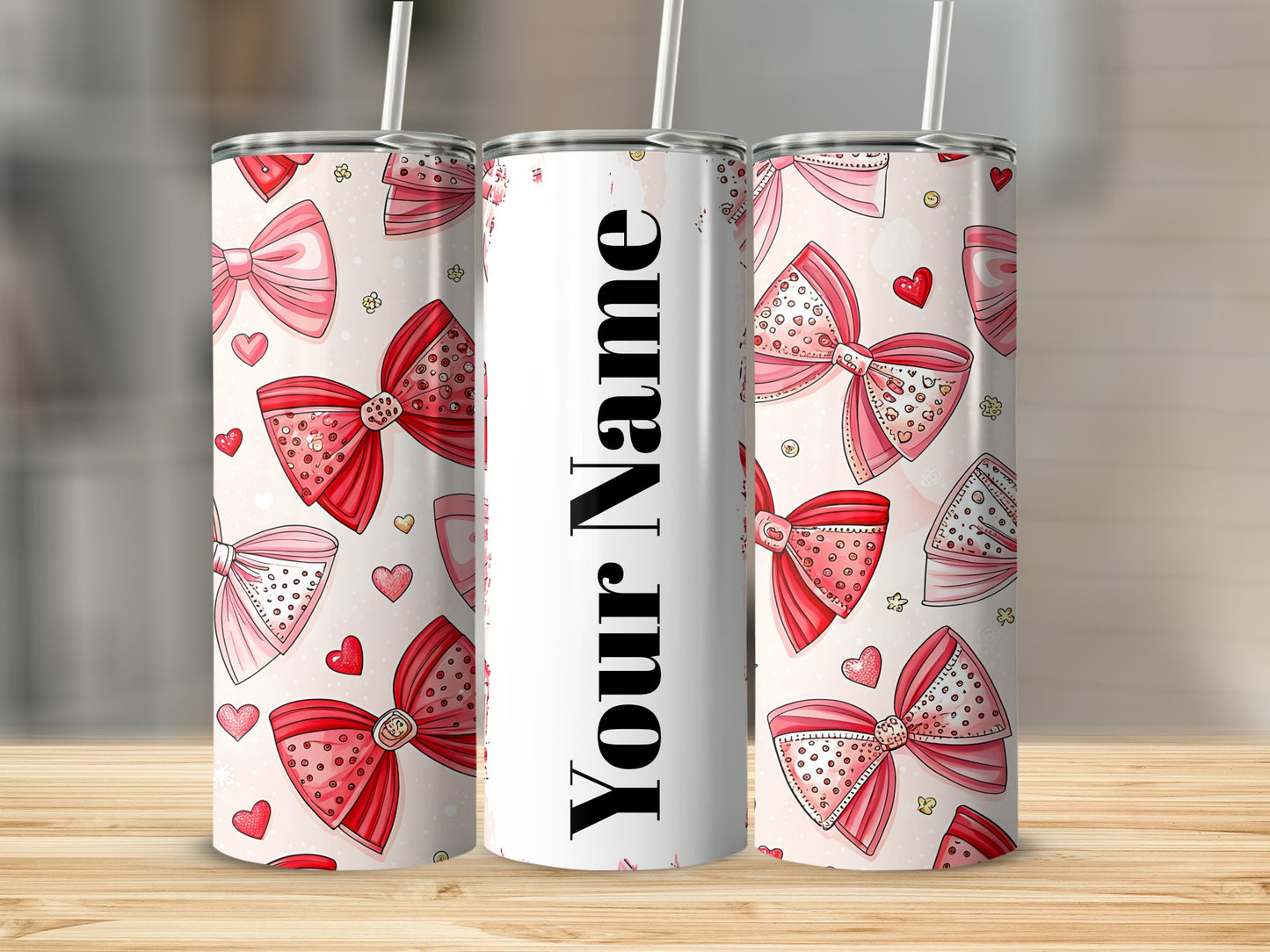 Personalized Bow and Heart Pattern Travel Tumbler