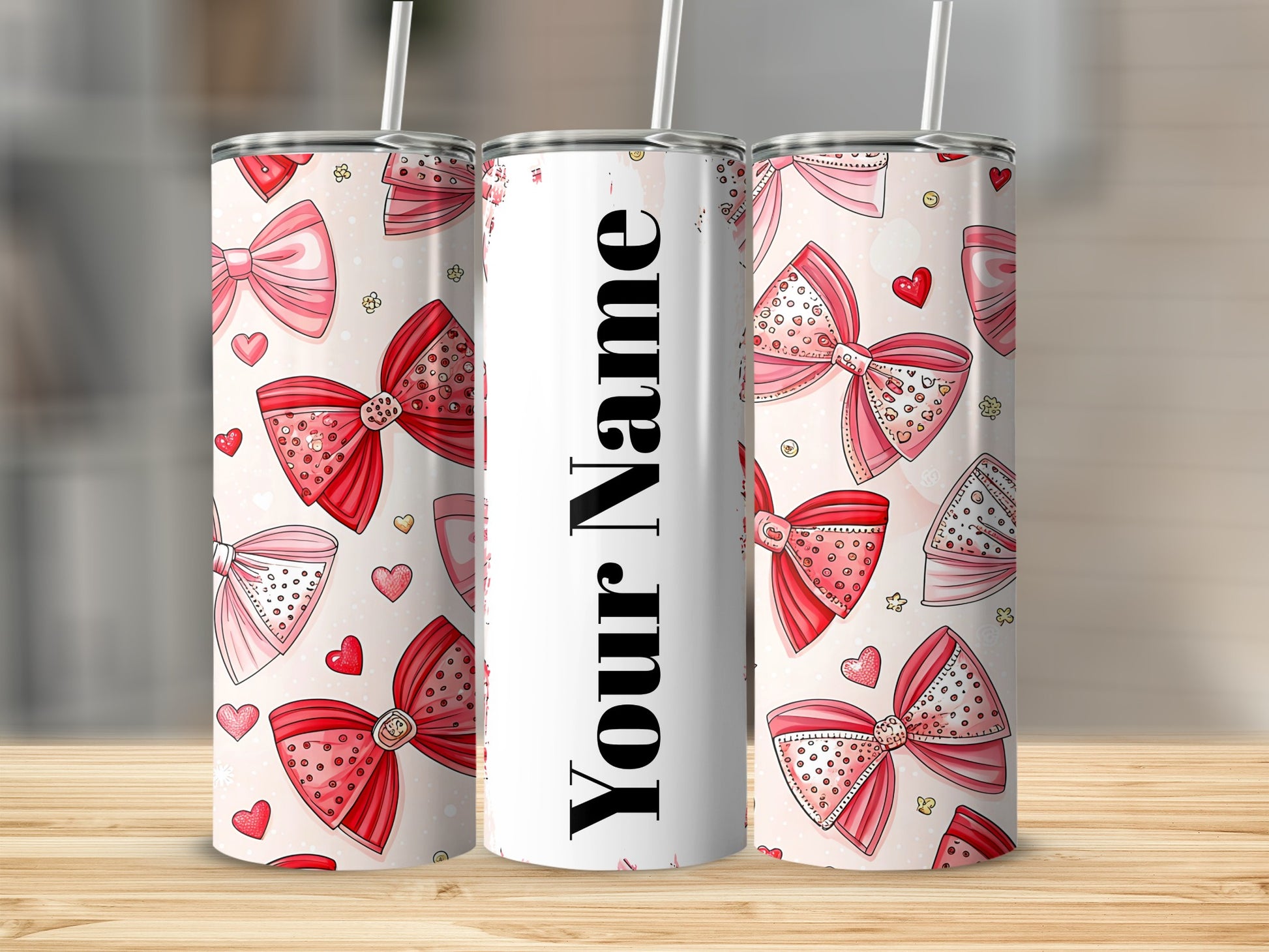 Personalized Bow and Heart Pattern Travel Tumbler