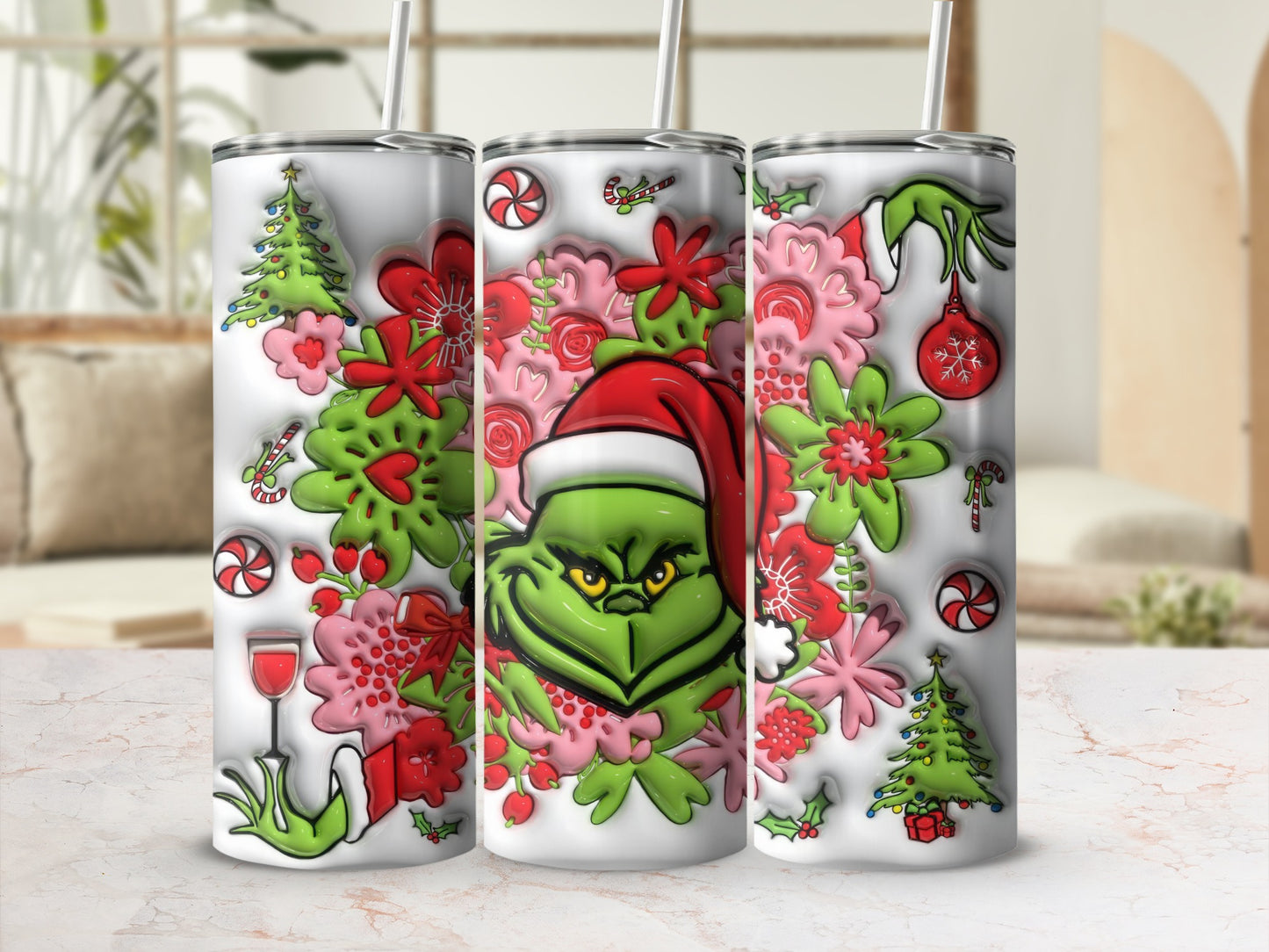 Grinch Themed Christmas Tumbler with Festive Designs