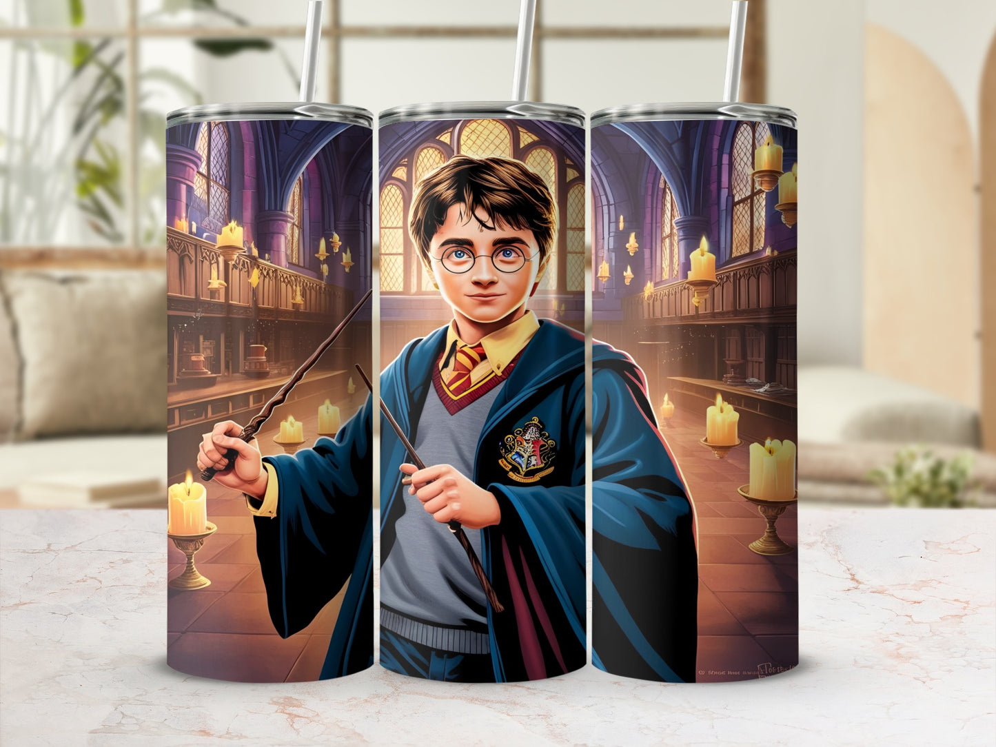 Harry Potter character in Gryffindor robes holding a wand in Hogwarts Great Hall.
