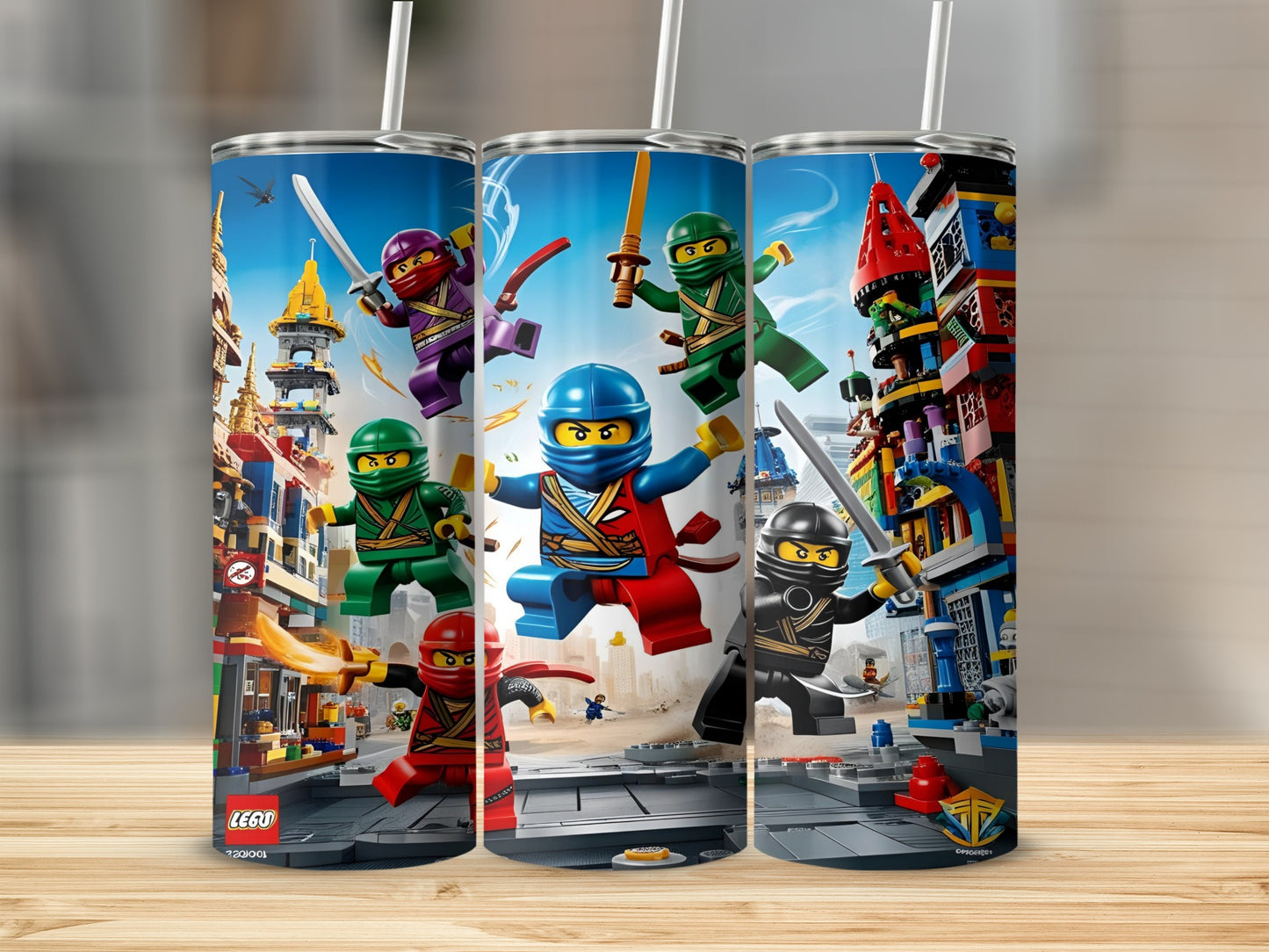 LEGO Ninjago characters on a city backdrop, a tumbler wrap.