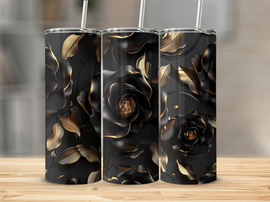 Three black tumblers with gold rose and leaf pattern on wooden surface.