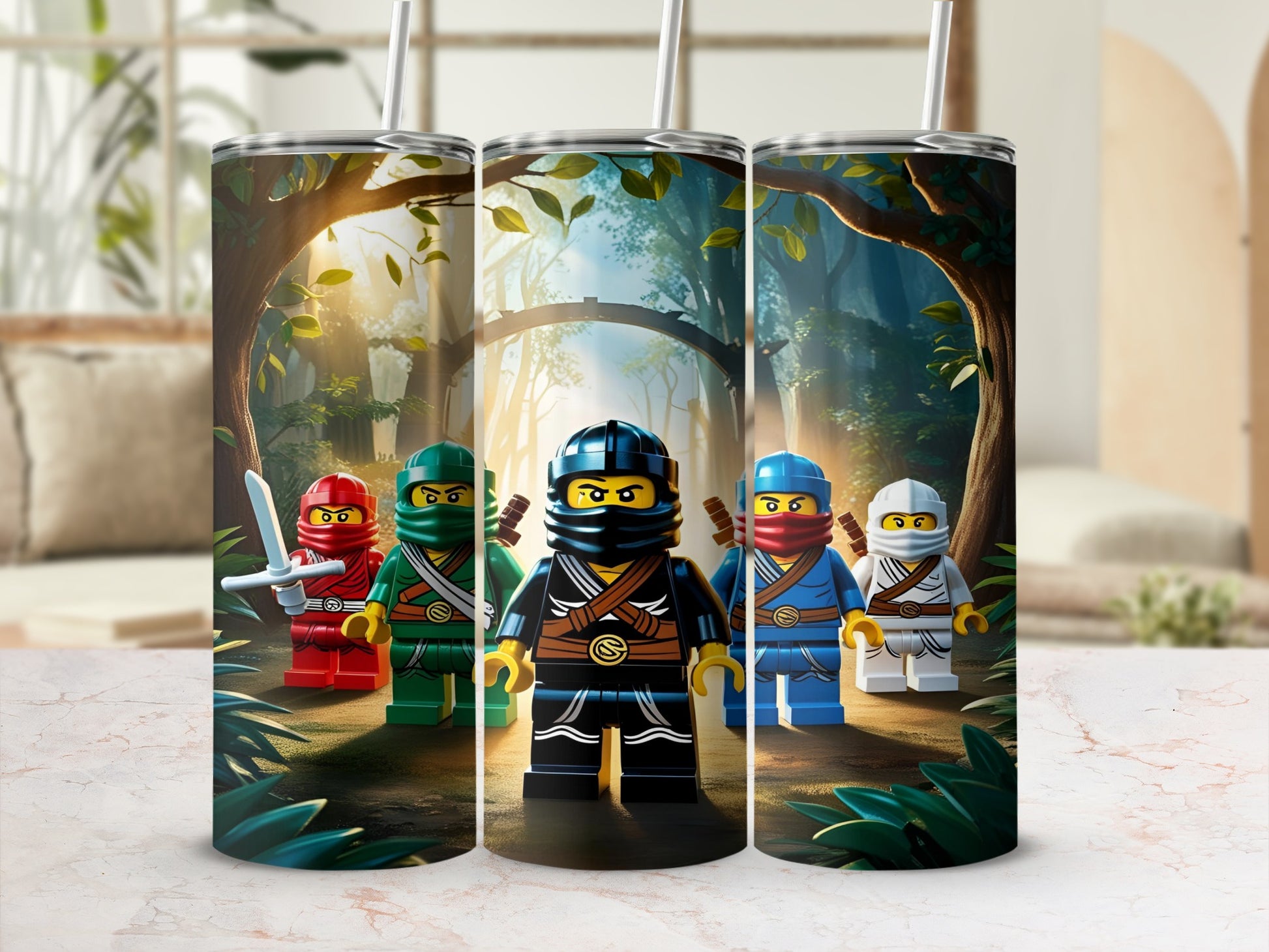 Five Lego Ninjago characters standing in a forest clearing.