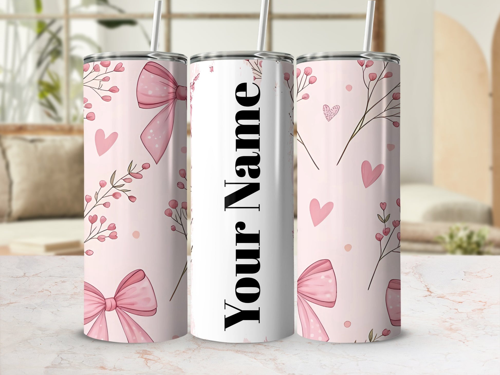 Personalized Pink Bow and Heart Design Tumbler