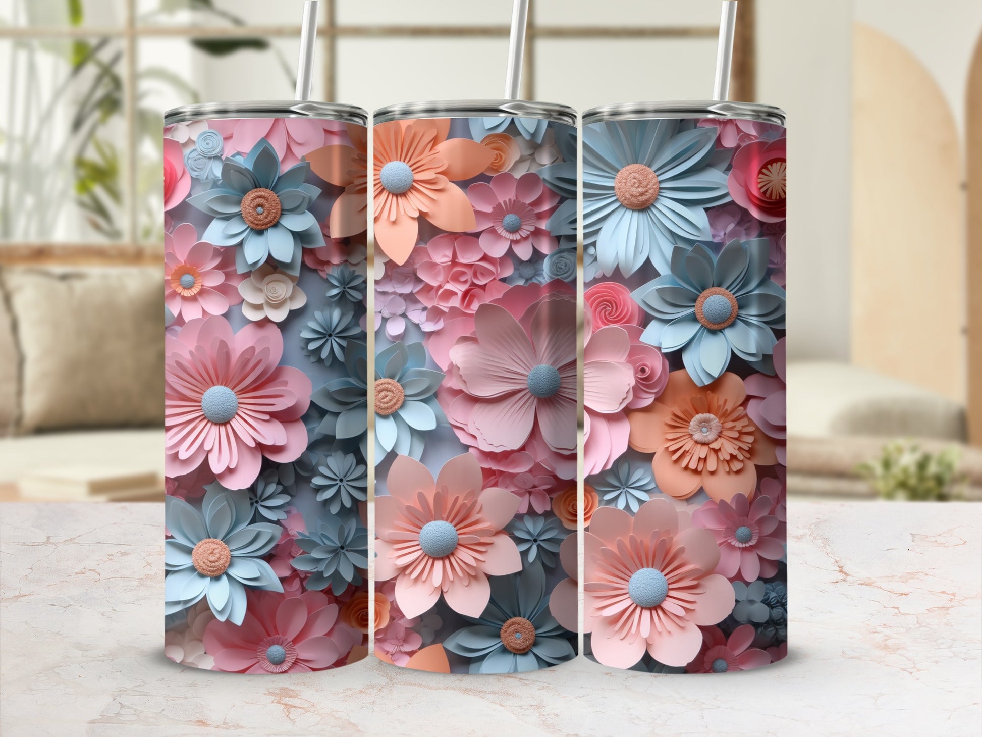 Colorful 3D Floral Pattern Design Travel Tumbler